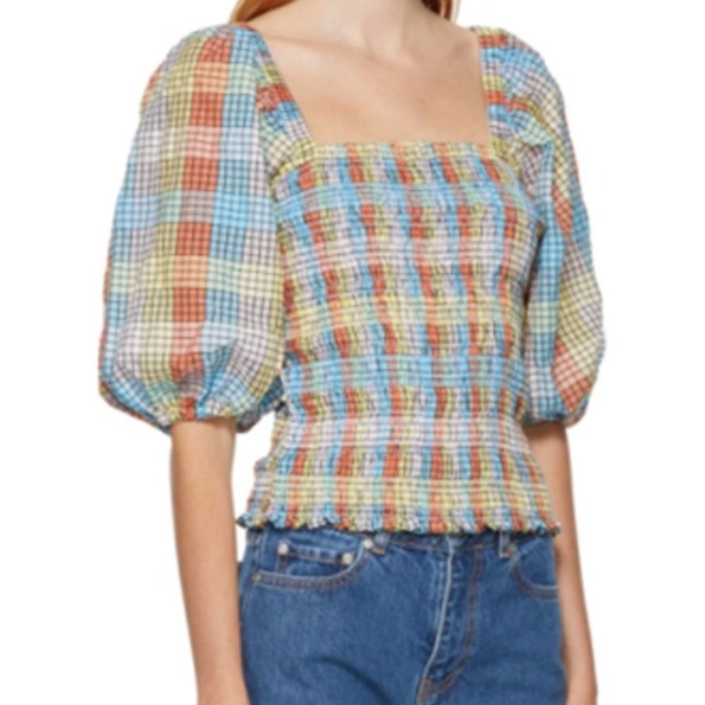 Ganni Shirred Checkered Top Multicolor